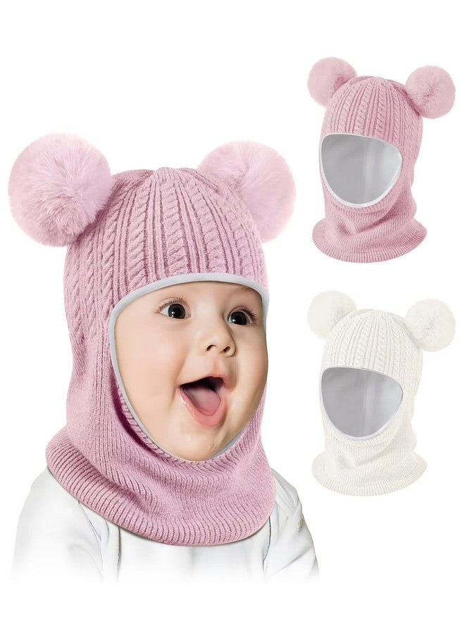 HAITHO Baby Winter Hat Scarf Set 2 Pack, Toddler Beanie Hats Girl Boys with Neck Warmer&Double Pom Pom, Beanie for Kids Knit Warm Thick Fleece Lined for Cold Weather(Pink&White) - Image 1