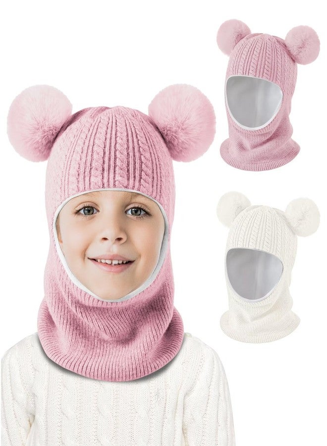 HAITHO Baby Winter Hat Scarf Set 2 Pack, Toddler Beanie Hats Girl Boys with Neck Warmer&Double Pom Pom, Beanie for Kids Knit Warm Thick Fleece Lined for Cold Weather(Pink&White) - Image 2