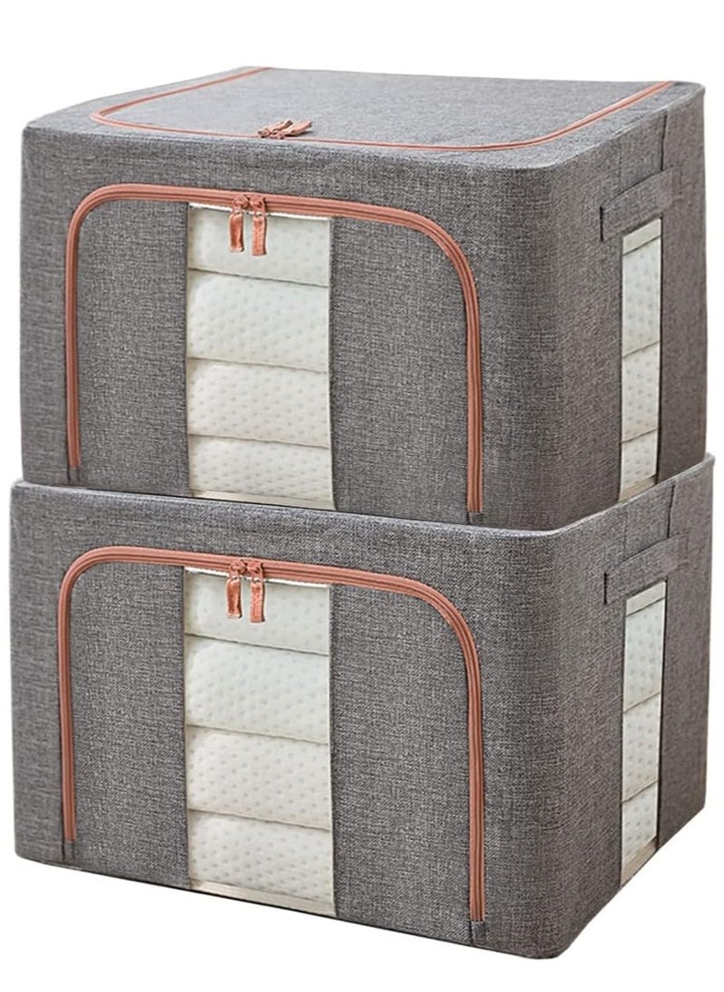 XiuWoo - 2 Pack Foldable Stackable Large Capacity Clothes Storage, Drawer Storage Organizer, Closet Organizer Basket, Cloth Container Bins with Metal Frame, Clear Window - Image 1