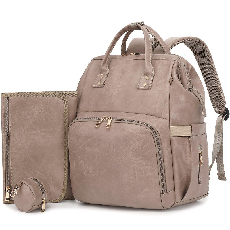 ROSEGIN ROSEGIN Premium Vegan Leather Diaper Bag Backpack with Waterproof Changing Pad Reinforced Stitching Zippers Baby Bag for Boy Girl Stroller Straps Ergonomic Design for Traveling Moms Taupe