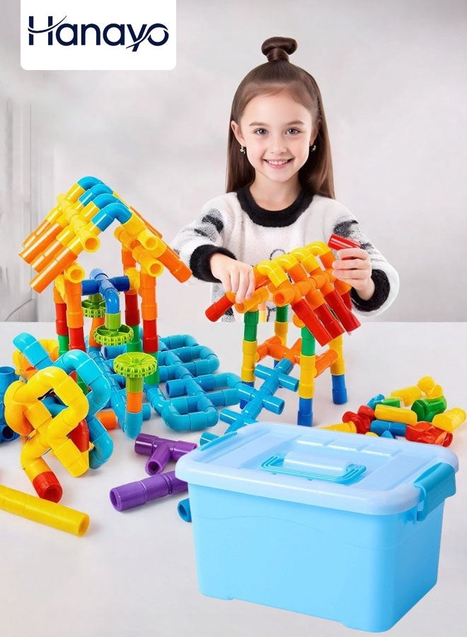 Hanayo 148 Pcs Building Blocks Toys Colorful Large Particle Pipe Building Blocks Toy with Storage Box Educational Toys for Kids Creative Activity Games Gift(Multicolour) - Image 1
