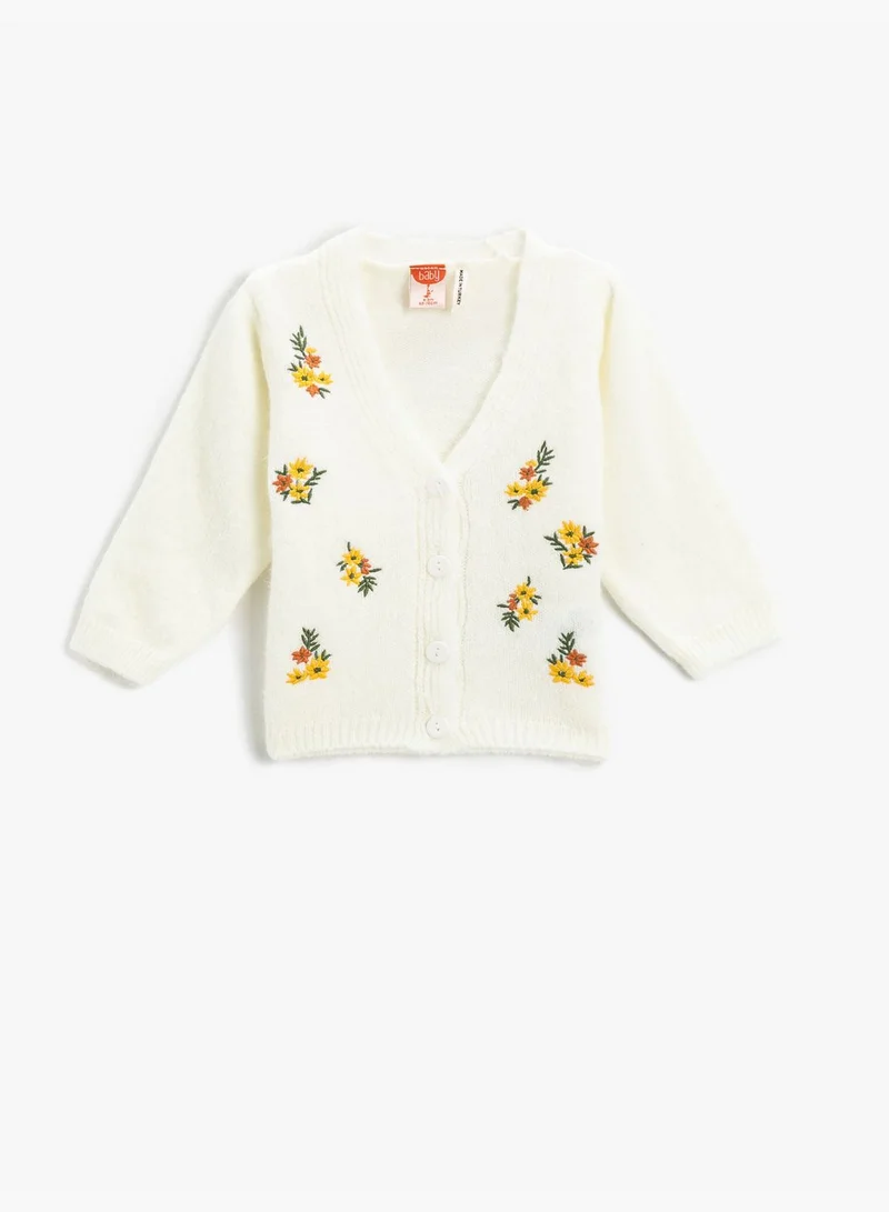 KOTON Floral Cardigan in Soft Pile Button Detail V Neck