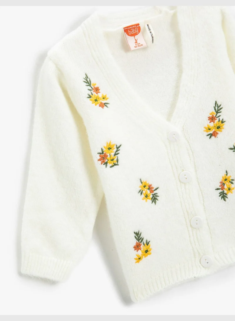 KOTON Floral Cardigan in Soft Pile Button Detail V Neck