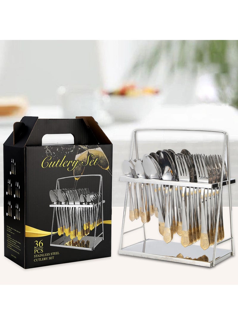general Stainless steel cutlery spoon fork 36 piece set with cutlery storage rack gift box spoon fork set housewarming gift - Image 1