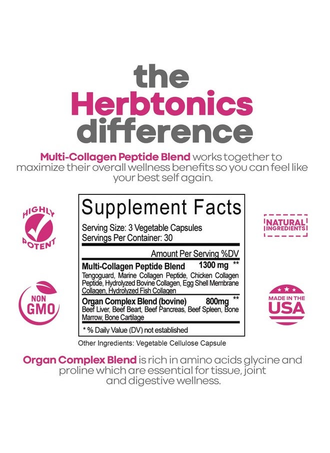 Herbtonics - Multi Collagen Capsules (Types 1 2 3 5 And 10) ; Hydrolyzed Protein Peptide Grass Fed Plus Bone Broth Type 1 2 3 5 10 Healthy Hair Skin Nails (With Organ Complex) - Image 1