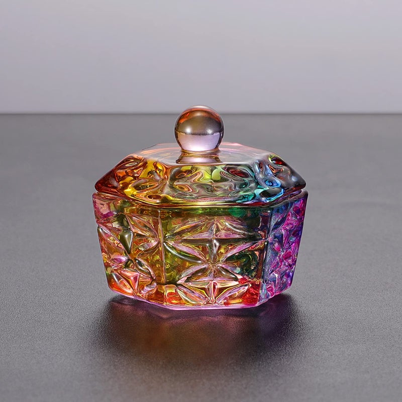 Noverlife Mini Colorized Glaze Nail Art Acrylic Liquid Powder Dappen Dish Hexagon Shape Crystal Nail Dappen Dish with Cap Lid Crystal Acrylic Liquid Powder Mini Glass Dish for Nail Art Manicure Care