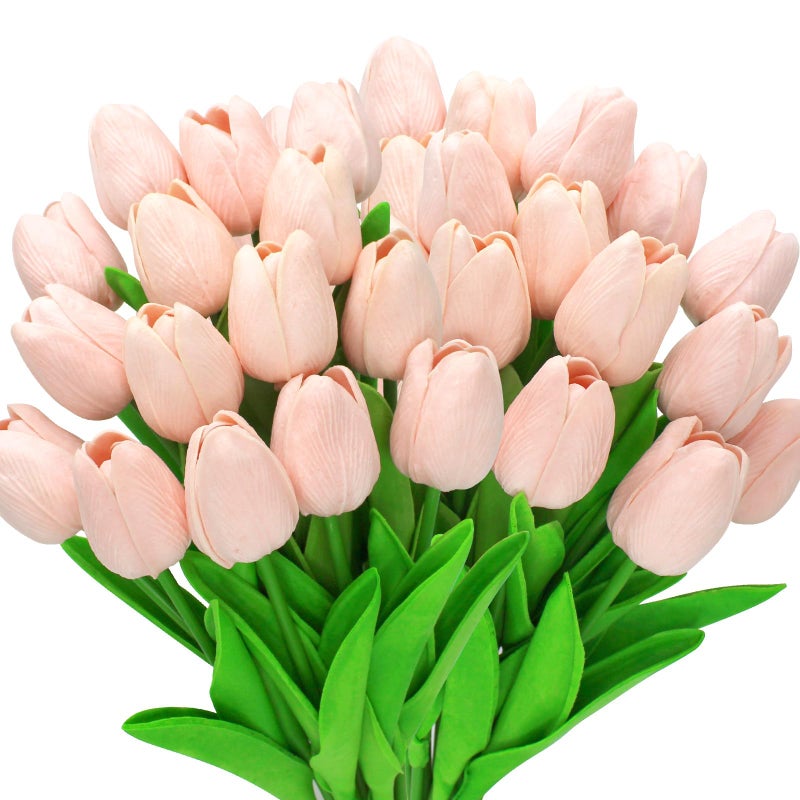 Pseutio 28pcs Light Pink Flowers Artificial Tulip Stems Real Feel PU Tulips for Easter Spring Wreath Wedding Bouquet Centerpiece Floral Arrangement Cemetery Table DÃ©cor 13" Tall - Image 1