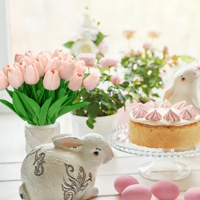 Pseutio 28pcs Light Pink Flowers Artificial Tulip Stems Real Feel PU Tulips for Easter Spring Wreath Wedding Bouquet Centerpiece Floral Arrangement Cemetery Table DÃ©cor 13" Tall - Image 5
