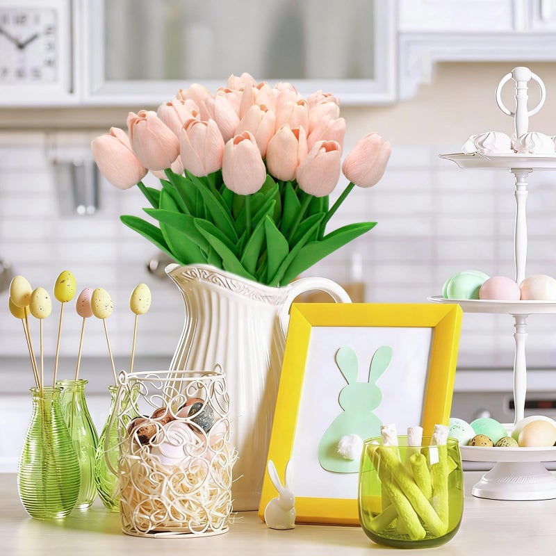 Pseutio 28pcs Light Pink Flowers Artificial Tulip Stems Real Feel PU Tulips for Easter Spring Wreath Wedding Bouquet Centerpiece Floral Arrangement Cemetery Table DÃ©cor 13" Tall - Image 3
