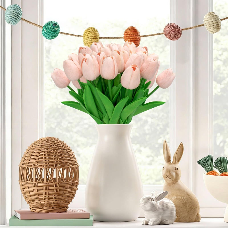 Pseutio 28pcs Light Pink Flowers Artificial Tulip Stems Real Feel PU Tulips for Easter Spring Wreath Wedding Bouquet Centerpiece Floral Arrangement Cemetery Table DÃ©cor 13" Tall - Image 4