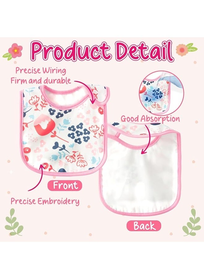 2ooya 7Pcs Cotton Waterproof Baby Bibs Adjustable Hook Loop Closure Infant Bib Pink Floral Newborn Babies Food Bibs Keepsake Baby Gift for 6-12 Months Baby Girl Teething Drooling Feeding Eating - Image 3