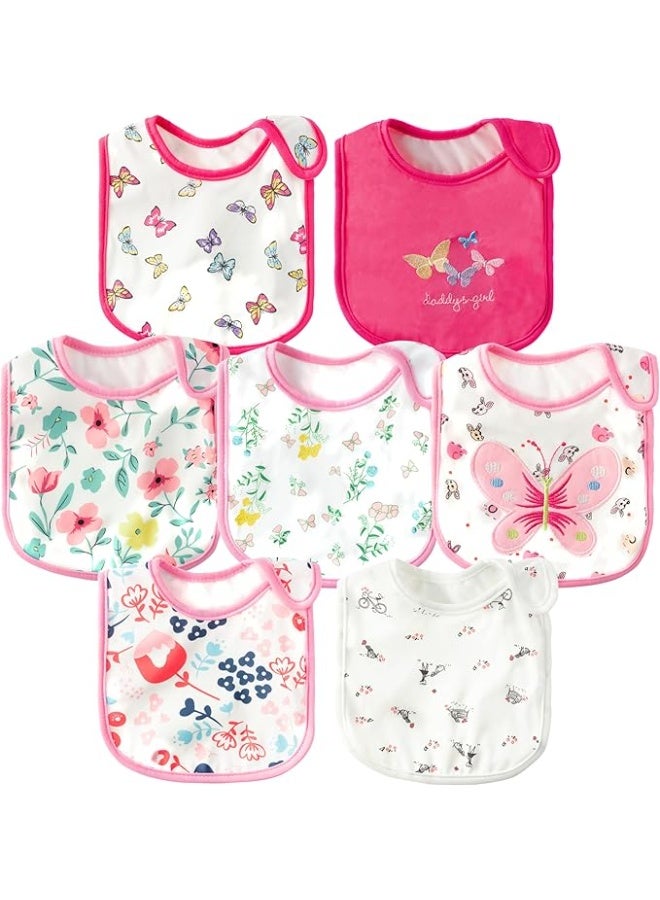 2ooya 7Pcs Cotton Waterproof Baby Bibs Adjustable Hook Loop Closure Infant Bib Pink Floral Newborn Babies Food Bibs Keepsake Baby Gift for 6-12 Months Baby Girl Teething Drooling Feeding Eating - Image 2