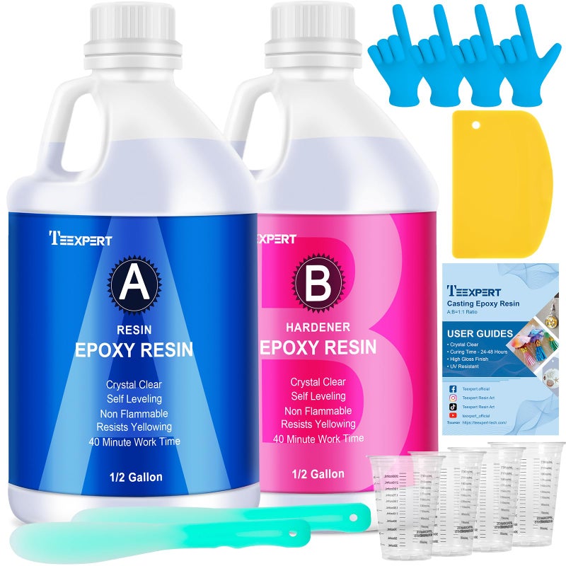 Teexpert Epoxy Resin Crystal Clear 1 Gallon Epoxy Resin Kit Casting Resin Non Toxic High Gloss for Casting Coating Art DIY Craft Jewelry Wood Table  2 Part64oz Resin and 64oz Hardener