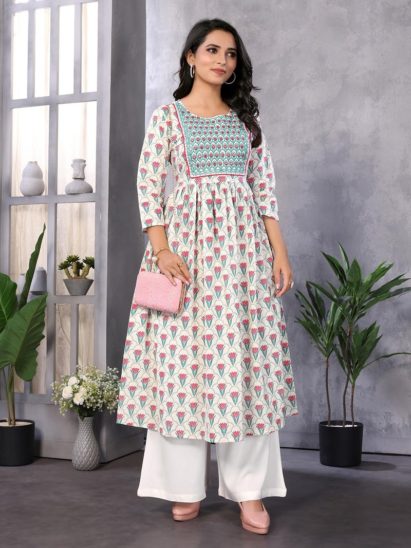 rangita Off White Cotton Calf Length Embroidered Anarkali Kurti | Kurta for Women_XL - Image 5