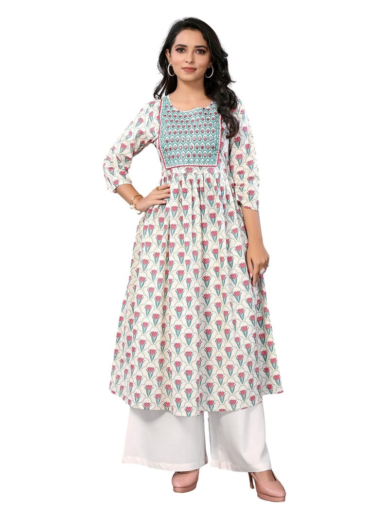 rangita Off White Cotton Calf Length Embroidered Anarkali Kurti | Kurta for Women_XL - Image 1