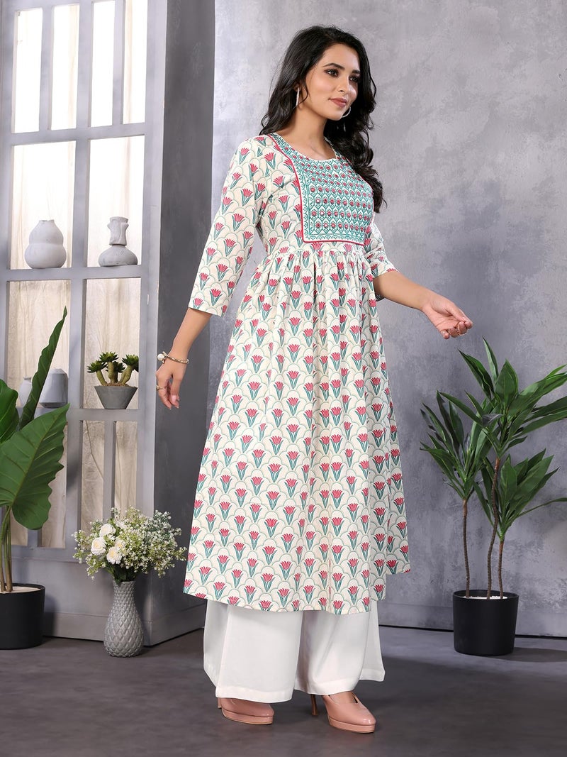 rangita Off White Cotton Calf Length Embroidered Anarkali Kurti | Kurta for Women_XL - Image 3