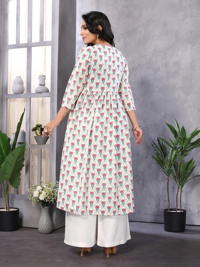 rangita Off White Cotton Calf Length Embroidered Anarkali Kurti | Kurta for Women_XL - Image 4