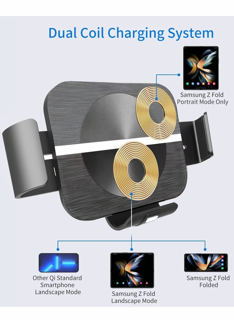 Fast Wireless Car Charger with Dual Coils - 15W Qi Holder for Samsung Galaxy Z Fold 4/3, iPhone 14/13, S22 Ultra, S21 - Air Vent & Dashboard Mount - Image 5