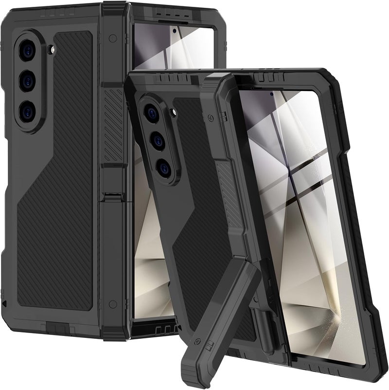 ELECDON Case For Samsung Galaxy Z Fold 6 With Hinge Protection  S Pen Holder Metal Stand  Builtin Screen Protector 360 Full Coverage Heavy Duty Black