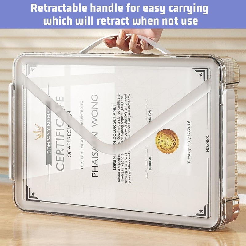 TERRIFI Plastic Storage Bin with Lid - Portable Project Case with Handle, Stackable Certificate File Document Protector Transparent Box - Clear Storage Box for A4 Letter Paper Photo Craft Scrapbook (White) - Image 2