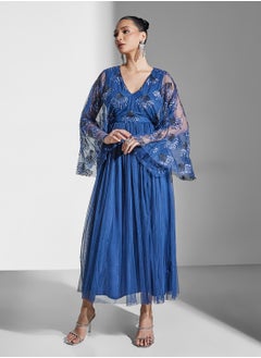 Maya V-Neck Mesh Detail Wide Sleeve Dress  - Image 1