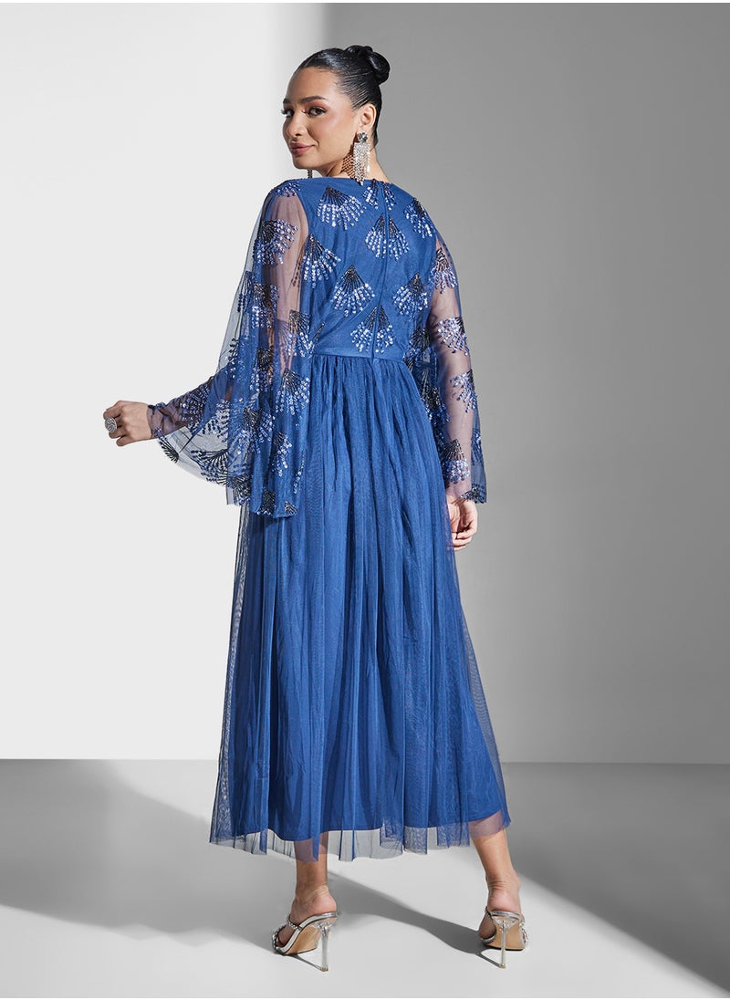 Maya V-Neck Mesh Detail Wide Sleeve Dress  - Image 2