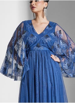 Maya V-Neck Mesh Detail Wide Sleeve Dress  - Image 3