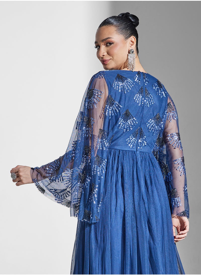 Maya V-Neck Mesh Detail Wide Sleeve Dress  - Image 4