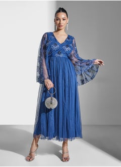 Maya V-Neck Mesh Detail Wide Sleeve Dress  - Image 5