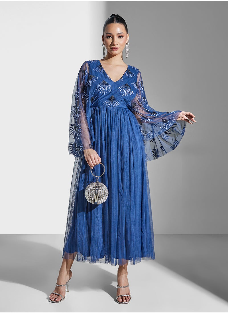 Maya V-Neck Mesh Detail Wide Sleeve Dress  - Image 5