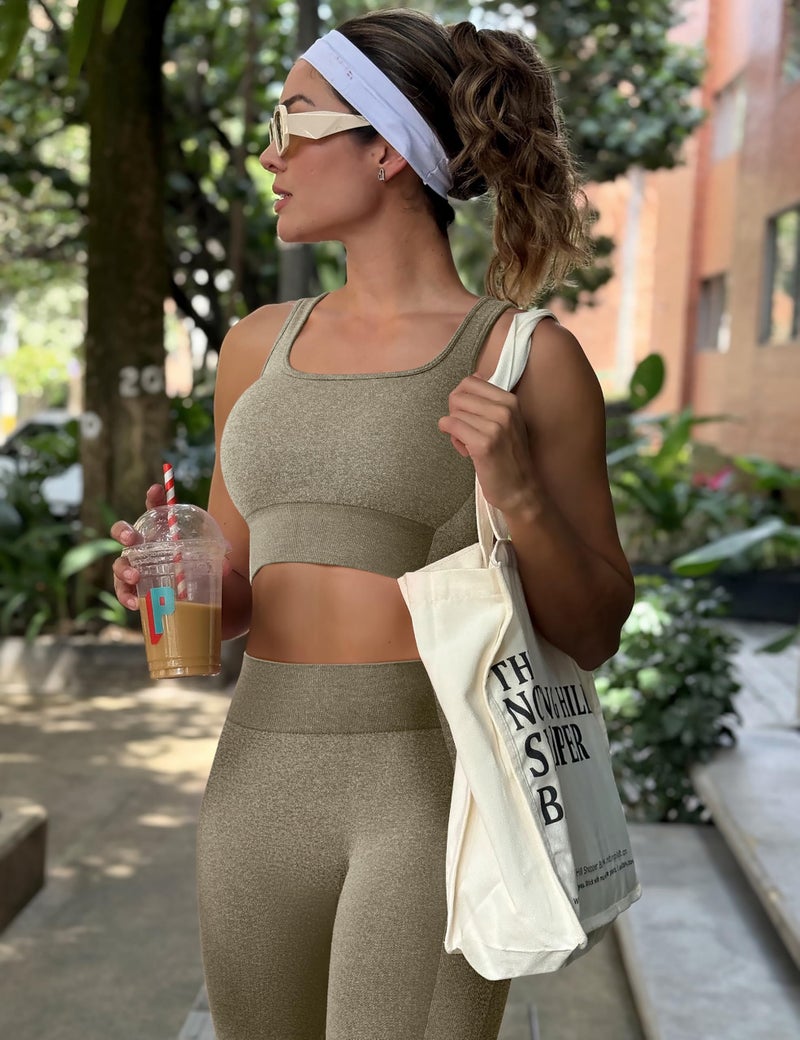 OLCHEE Womens Workout Sets 2 Piece Seamless Square Neck Sports Bra Padded Butt Lifting Leggings High Waist Yoga Gym Outfits - Olive Green Small - Image 3