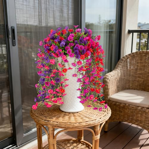 ADXORA Fake Artificial Hanging Morning Glory Flowers for Outdoor Planters Porch Pation Decoration,8 Bundles UV Resistant Silk Faux Flowers with Realistic Eucalyptus Plants for Home Office Garden Decor - Image 5