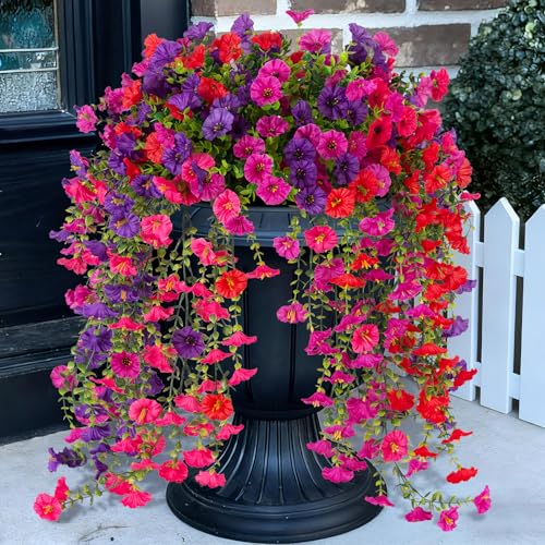 ADXORA Fake Artificial Hanging Morning Glory Flowers for Outdoor Planters Porch Pation Decoration,8 Bundles UV Resistant Silk Faux Flowers with Realistic Eucalyptus Plants for Home Office Garden Decor - Image 1