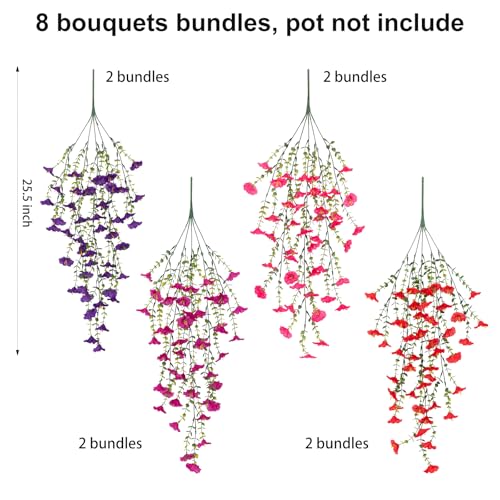 ADXORA Fake Artificial Hanging Morning Glory Flowers for Outdoor Planters Porch Pation Decoration,8 Bundles UV Resistant Silk Faux Flowers with Realistic Eucalyptus Plants for Home Office Garden Decor - Image 3