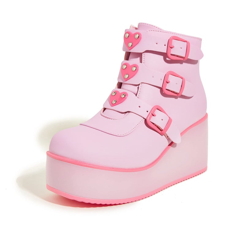 LUCKY STEP Women Platform Chunky Ankle Boots Round Toe Zipper Wedges High Heels Rave Buckle Thick Sole Goth Booties PinkFuchsia9 BM US