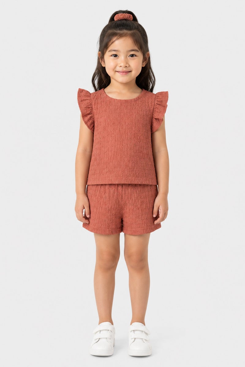Willow & Whistle Kids Girl 2 Pcs Textured Top And Shorts Set With Scrunchie, Brown - Image 1