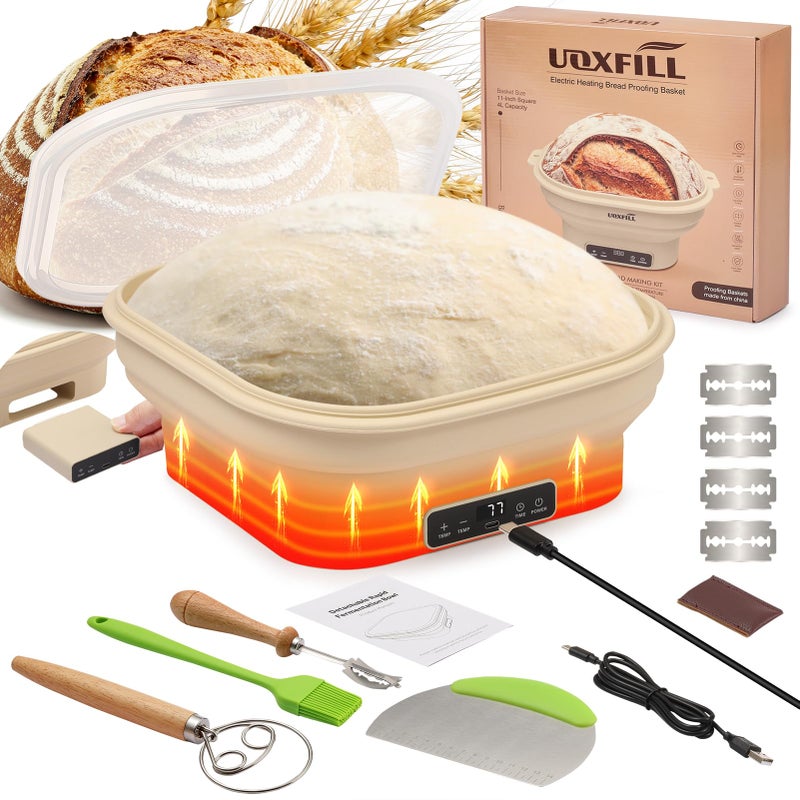 Uoxfill Upgrade Heating Sourdough Bread Proofing Basket Set, Electric Thermostatic Silicone banneton bread proofing basket,Sourdough bread baking supplies,11 Inch Square Foldable Sourdough Proofing Bowl - Image 1