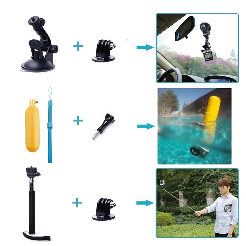 TEKCAM Action Camera Accessories Kits Bundle Compatible with Gopro Hero 13 12 11 10 9 8/AKASO EK7000/Brave 4/7 LE/ V50X/Dragon Touch 4k Camera Car Suction Cup Mount Floating Handle Grip Selfie Stick - Image 3