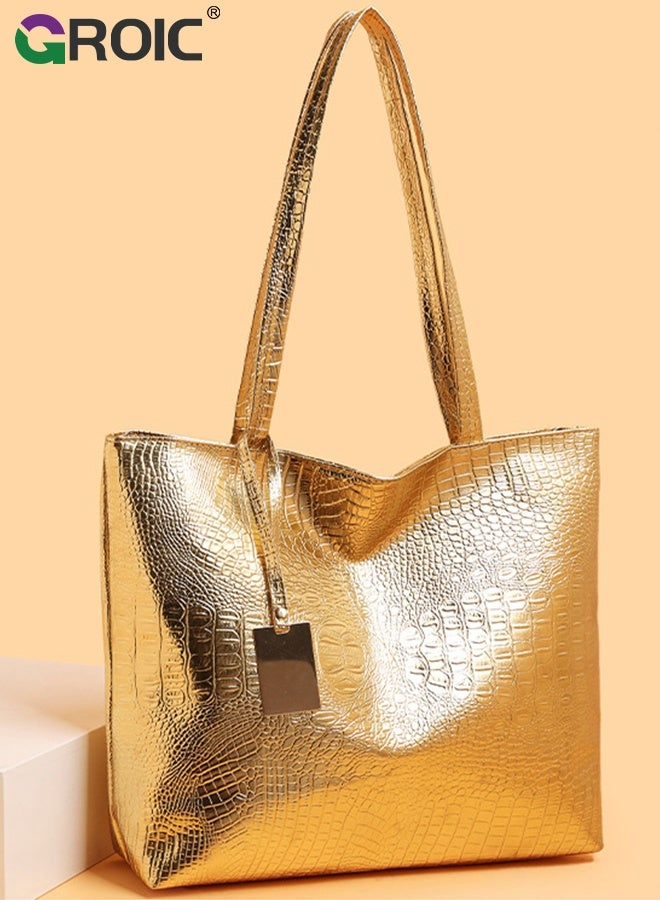 GROIC Womens Large Tote Bag, Shoulder Handbag - Gold Large Capacity Synthetic Leather with Fixed Strap, Zipper Closure, Elegant Wave Design for Daily Use, Travel, Shopping - Image 3