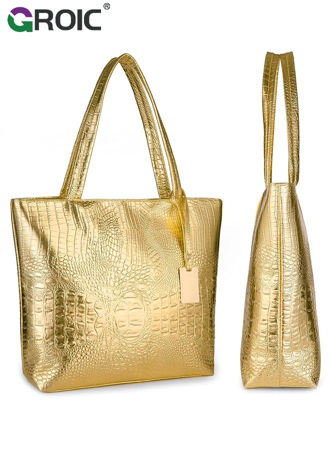 GROIC Womens Large Tote Bag, Shoulder Handbag - Gold Large Capacity Synthetic Leather with Fixed Strap, Zipper Closure, Elegant Wave Design for Daily Use, Travel, Shopping - Image 2