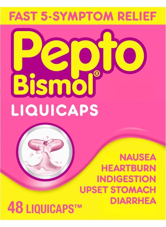 Pepto Bismol Liquicaps, Upset Stomach Relief, Bismuth Subsalicylate, Multi-Symptom Relief of Gas, Nausea, Heartburn, Indigestion, Upset Stomach, Diarrhea, 48 Liquicaps - Image 1
