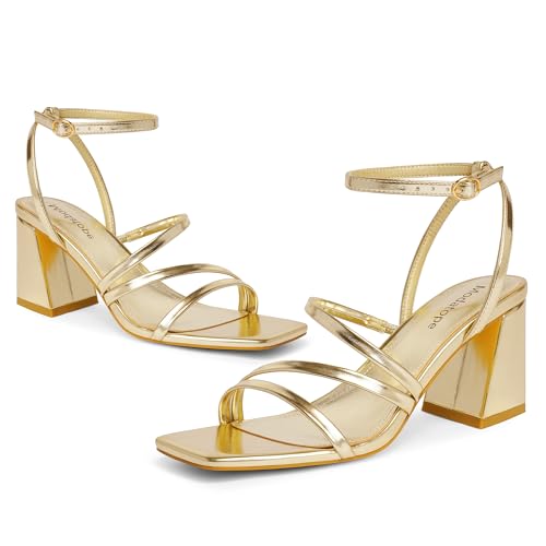 Modatope Women Metallic Strappy Heels Gold Block Heel Ankle Strap Sandals for Women Open Square Toe Chunky Heels Size 8 - Image 3