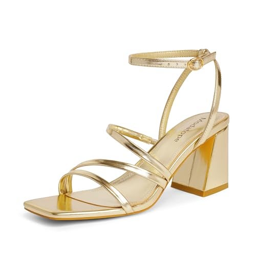 Modatope Women Metallic Strappy Heels Gold Block Heel Ankle Strap Sandals for Women Open Square Toe Chunky Heels Size 8 - Image 1