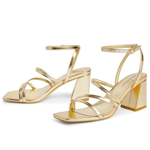 Modatope Women Metallic Strappy Heels Gold Block Heel Ankle Strap Sandals for Women Open Square Toe Chunky Heels Size 8 - Image 2
