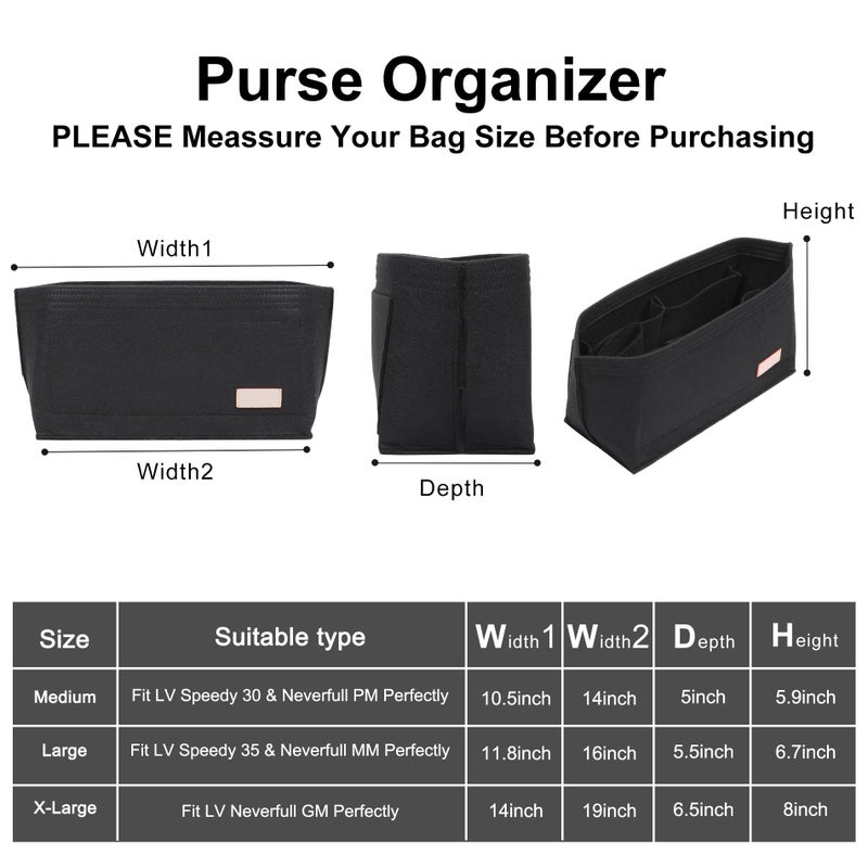 Doxo Purse Organizer Insert, Felt Bag Insert Tote Shaper Fit LV Speedy 30, Neverfull PM & Base Shaper 2pc Set (Medium-Black-Combination) - Image 2