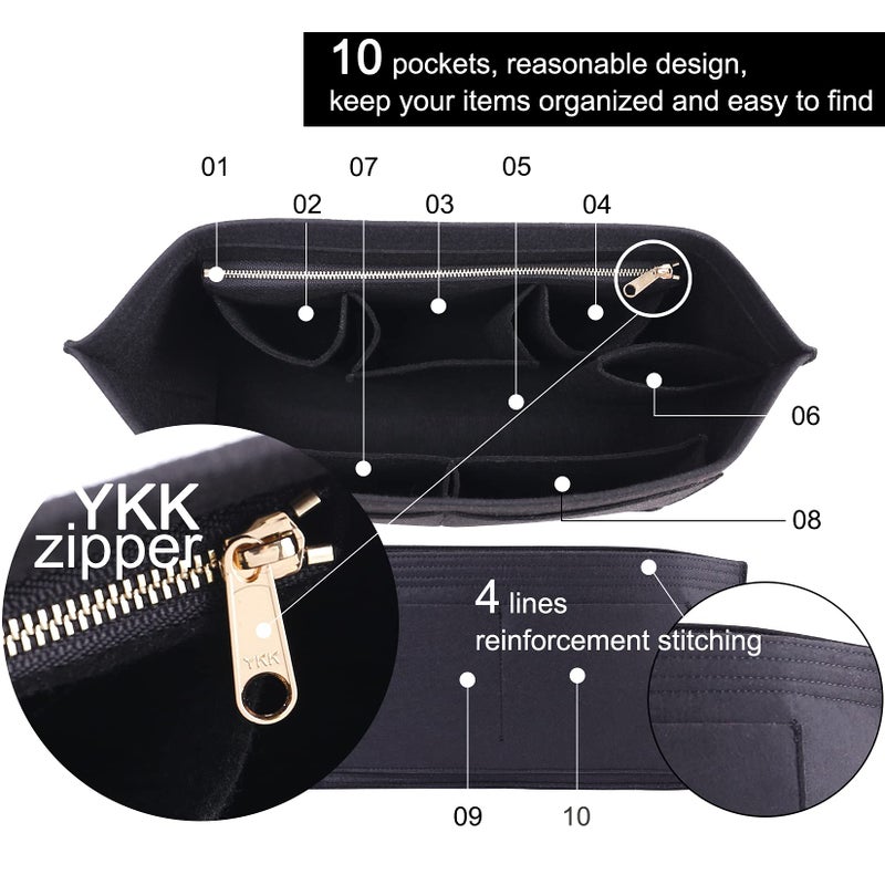 Doxo Purse Organizer Insert, Felt Bag Insert Tote Shaper Fit LV Speedy 30, Neverfull PM & Base Shaper 2pc Set (Medium-Black-Combination) - Image 5