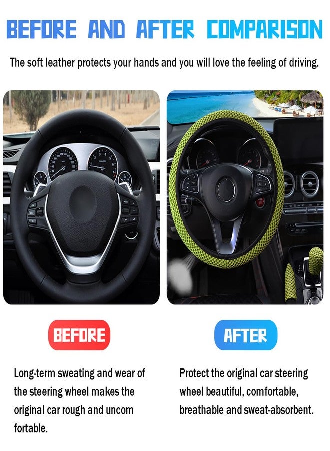 Bittwee 3PCS 15Inch Car Steering Wheel Cover Armrest Cover Gear Shift Cover Set, Microfiber Breathable Anti-Slip Automotive Steering Wheel Protector, Vehicle Interior Decor, Universal Fit（Light Green） - Image 3