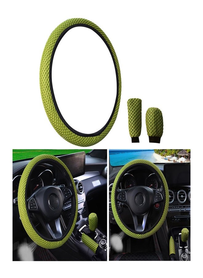 Bittwee 3PCS 15Inch Car Steering Wheel Cover Armrest Cover Gear Shift Cover Set, Microfiber Breathable Anti-Slip Automotive Steering Wheel Protector, Vehicle Interior Decor, Universal Fit（Light Green） - Image 1