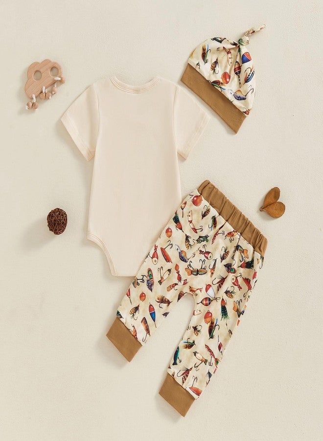 Amnnchya Newborn Baby Boy Clothes Fishing Short Sleeve Romper Shirt Tops Pants Summer Spring Outfits Cute Hat Set (Beige, 3-6 Months) - Image 4