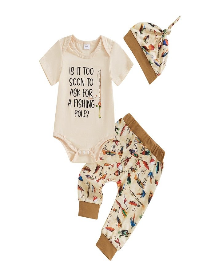 Amnnchya Newborn Baby Boy Clothes Fishing Short Sleeve Romper Shirt Tops Pants Summer Spring Outfits Cute Hat Set (Beige, 3-6 Months) - Image 1